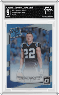 Christian McCaffrey from the 2017 Panini Donruss Optic set featuring a Holo parallel graded by Arena Club and given an overall grade of 9.