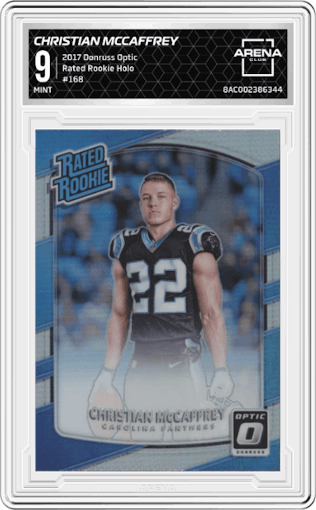 Christian McCaffrey from the 2017 Panini Donruss Optic set featuring a Holo parallel graded by Arena Club and given an overall grade of 9.