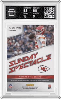 Patrick Mahomes II from the 2024 Panini Spectra set featuring a Psychedelic parallel graded by Arena Club and given an overall grade of 9.5.