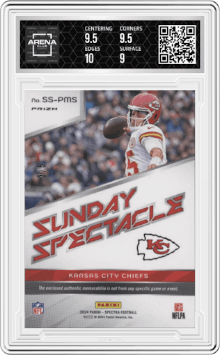 Patrick Mahomes II from the 2024 Panini Spectra set featuring a Psychedelic parallel graded by Arena Club and given an overall grade of 9.5.