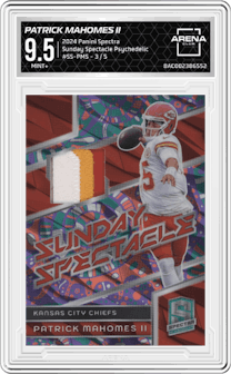 Patrick Mahomes II from the 2024 Panini Spectra set featuring a Psychedelic parallel graded by Arena Club and given an overall grade of 9.5.