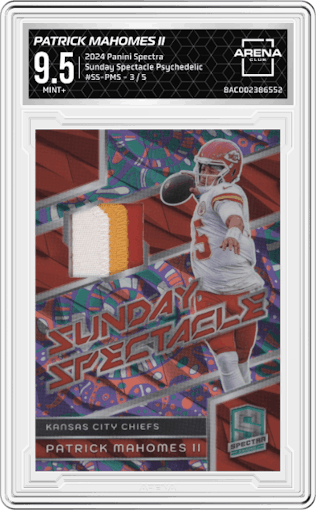 Patrick Mahomes II from the 2024 Panini Spectra set featuring a Psychedelic parallel graded by Arena Club and given an overall grade of 9.5.