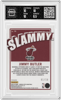 Jimmy Butler from the 2023-24 Donruss Optic set featuring a Gold parallel graded by Arena Club and given an overall grade of 9.