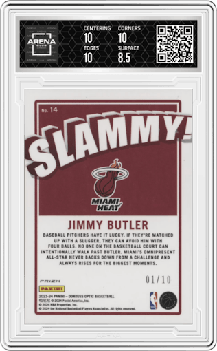 Jimmy Butler from the 2023-24 Donruss Optic set featuring a Gold parallel graded by Arena Club and given an overall grade of 9.