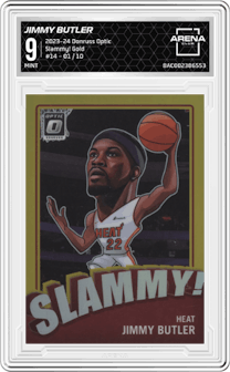Jimmy Butler from the 2023-24 Donruss Optic set featuring a Gold parallel graded by Arena Club and given an overall grade of 9.