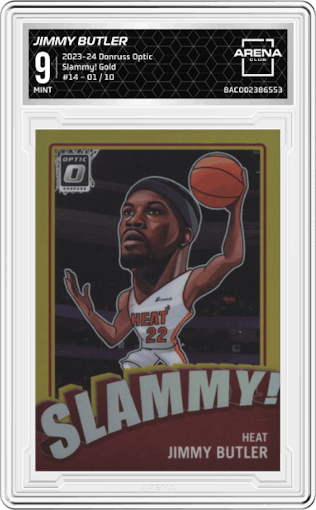Jimmy Butler from the 2023-24 Donruss Optic set featuring a Gold parallel graded by Arena Club and given an overall grade of 9.