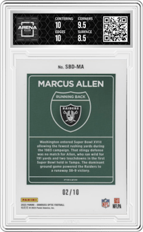 Marcus Allen from the 2023 Donruss Optic set featuring a Gold parallel graded by Arena Club and given an overall grade of 9.