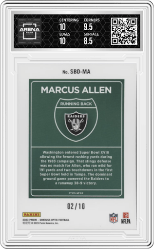 Marcus Allen from the 2023 Donruss Optic set featuring a Gold parallel graded by Arena Club and given an overall grade of 9.