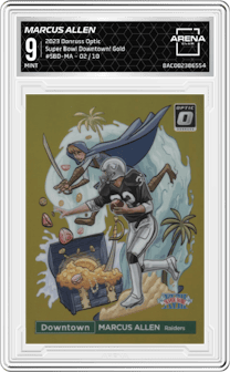 Marcus Allen from the 2023 Donruss Optic set featuring a Gold parallel graded by Arena Club and given an overall grade of 9.