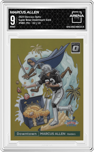 Marcus Allen from the 2023 Donruss Optic set featuring a Gold parallel graded by Arena Club and given an overall grade of 9.