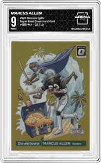 Marcus Allen from the 2023 Donruss Optic set featuring a Gold parallel graded by Arena Club and given an overall grade of 9.