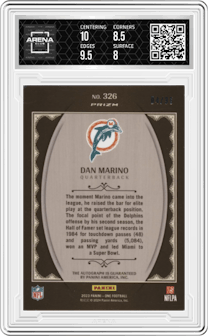 Dan Marino from the 2023 Panini One set featuring a Green parallel graded by Arena Club and given an overall grade of 8.5.