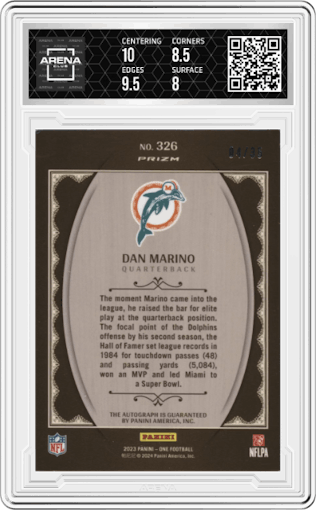 Dan Marino from the 2023 Panini One set featuring a Green parallel graded by Arena Club and given an overall grade of 8.5.