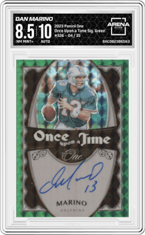 Dan Marino from the 2023 Panini One set featuring a Green parallel graded by Arena Club and given an overall grade of 8.5.