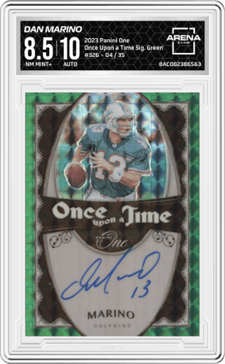 Dan Marino from the 2023 Panini One set featuring a Green parallel graded by Arena Club and given an overall grade of 8.5.