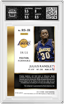 Julius Randle from the 2014-15 Panini Select set featuring a Gold Prizm parallel and given an overall grade of 8.5.