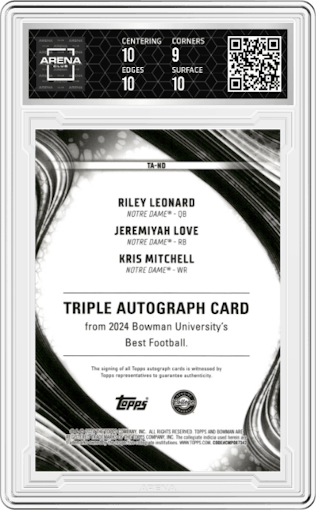 Kris Mitchell /Jeremiyah Love/Riley Leonard from the 2024 Bowman University Best set featuring a Red Geometric Refractor parallel graded by Arena Club and given an overall grade of 9.5.