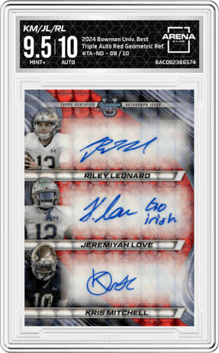 Kris Mitchell /Jeremiyah Love/Riley Leonard from the 2024 Bowman University Best set featuring a Red Geometric Refractor parallel graded by Arena Club and given an overall grade of 9.5.
