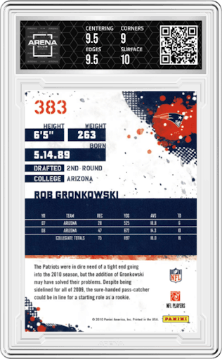 Rob Gronkowski from the 2010 Panini Score set graded by Arena Club and given an overall grade of 9.5.