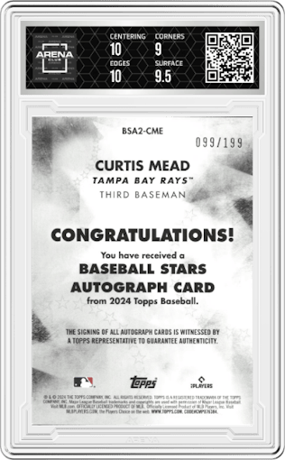 Curtis Mead from the 2024 Topps  set featuring a Black parallel graded by Arena Club and given an overall grade of 9.5.
