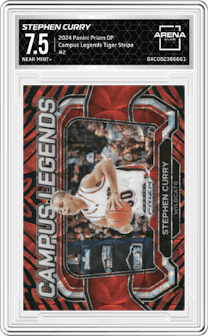 Stephen Curry from the 2024 Panini Prizm Draft Picks set featuring a Tiger Stripe parallel graded by Arena Club and given an overall grade of 7.5.
