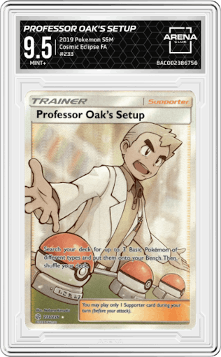 Professor Oak's Setup from the 2019 Pokemon S&M  set graded by Arena Club and given an overall grade of 9.5.