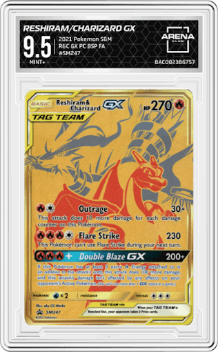 Reshiram/Charizard GX from the 2021 Pokemon S&M set featuring a Reshiram Charizard GX Premium Collection parallel graded by Arena Club and given an overall grade of 9.5.
