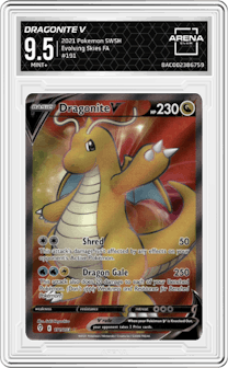 Dragonite V from the 2021 Pokemon SWSH set graded by Arena Club and given an overall grade of 9.5.