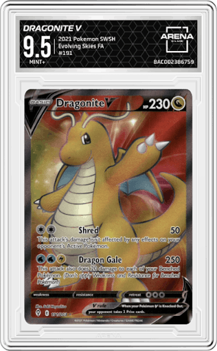 Dragonite V from the 2021 Pokemon SWSH set graded by Arena Club and given an overall grade of 9.5.