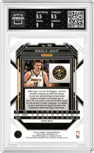  Nikola Jokic from the 2022-23 Panini Prizm  set featuring a Silver Prizm parallel graded by Arena Club and given an overall grade of 9.5.