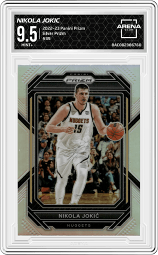  Nikola Jokic from the 2022-23 Panini Prizm  set featuring a Silver Prizm parallel graded by Arena Club and given an overall grade of 9.5.