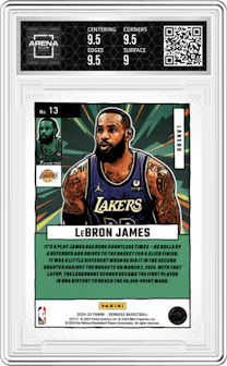 LeBron James from the 2024-25 Panini Donruss set graded by Arena Club and given an overall grade of 9.5.