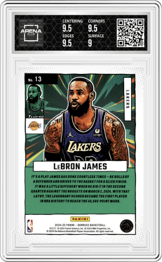 LeBron James from the 2024-25 Panini Donruss set graded by Arena Club and given an overall grade of 9.5.