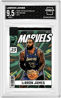 LeBron James from the 2024-25 Panini Donruss set graded by Arena Club and given an overall grade of 9.5.
