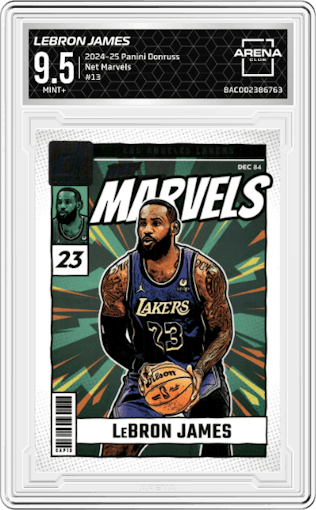 LeBron James from the 2024-25 Panini Donruss set graded by Arena Club and given an overall grade of 9.5.