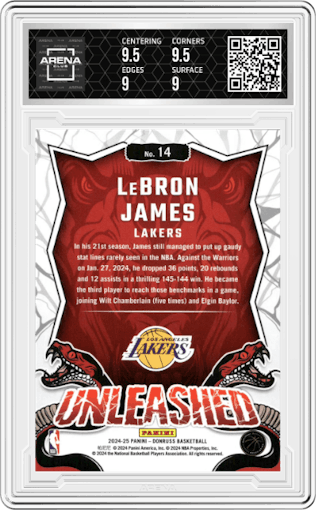 LeBron James  from the 2024-25 Panini Donruss set featuring a Hyper parallel graded by Arena Club and given an overall grade of 9.5.