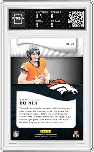 Bo Nix from the 2024 Panini Illusions set graded by Arena Club and given an overall grade of 9.