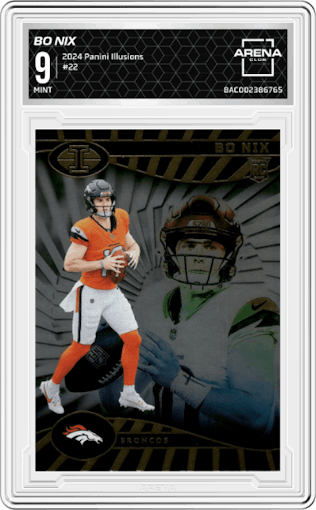 Bo Nix from the 2024 Panini Illusions set graded by Arena Club and given an overall grade of 9.