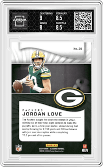Jordan Love from the 2024 Panini Illusions set featuring a Mirrored Trophy Collection parallel graded by Arena Club and given an overall grade of 8.5.