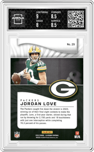 Jordan Love from the 2024 Panini Illusions set featuring a Mirrored Trophy Collection parallel graded by Arena Club and given an overall grade of 8.5.