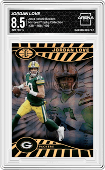 Jordan Love from the 2024 Panini Illusions set featuring a Mirrored Trophy Collection parallel graded by Arena Club and given an overall grade of 8.5.