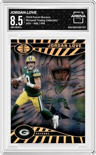 Jordan Love from the 2024 Panini Illusions set featuring a Mirrored Trophy Collection parallel graded by Arena Club and given an overall grade of 8.5.