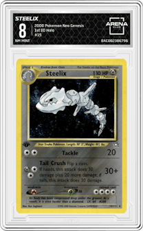 Steelix from the 2000 Pokemon Neo Genesis set graded by Arena Club and given an overall grade of 8.