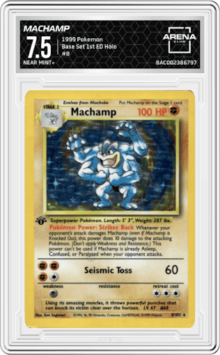 Machamp from the 1999 Pokemon set graded by Arena Club and given an overall grade of 7.5.