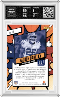 Saquon Barkley from the 2023 Panini Absolute set graded by Arena Club and given an overall grade of 9.5.