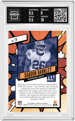 Saquon Barkley from the 2023 Panini Absolute set graded by Arena Club and given an overall grade of 9.5.