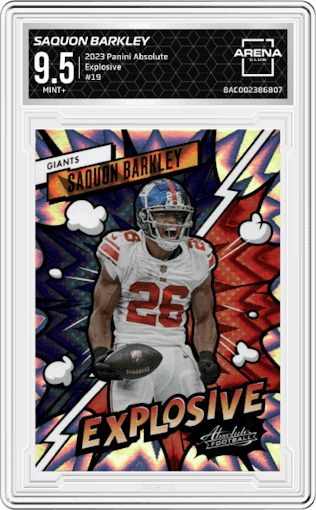 Saquon Barkley from the 2023 Panini Absolute set graded by Arena Club and given an overall grade of 9.5.