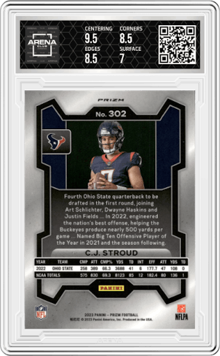 C.J. Stroud from the 2023 Panini Prizm set featuring a Silver Prizm parallel graded by Arena Club and given an overall grade of 7.5.