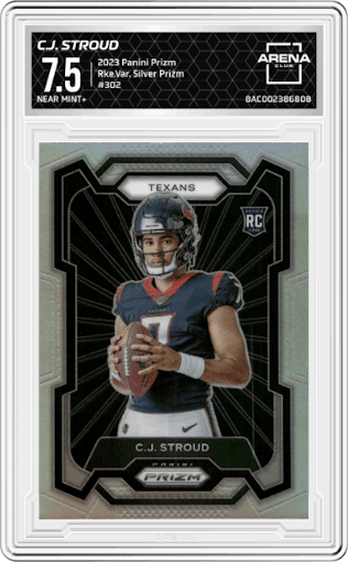C.J. Stroud from the 2023 Panini Prizm set featuring a Silver Prizm parallel graded by Arena Club and given an overall grade of 7.5.