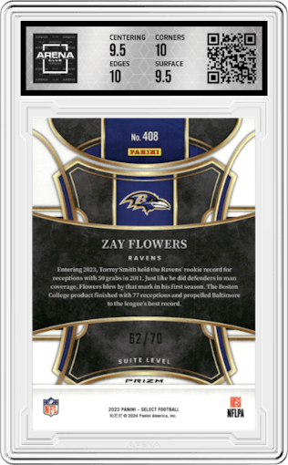 Zay Flowers from the 2023 Panini Select set featuring a Dragon Scale parallel graded by Arena Club and given an overall grade of 10.